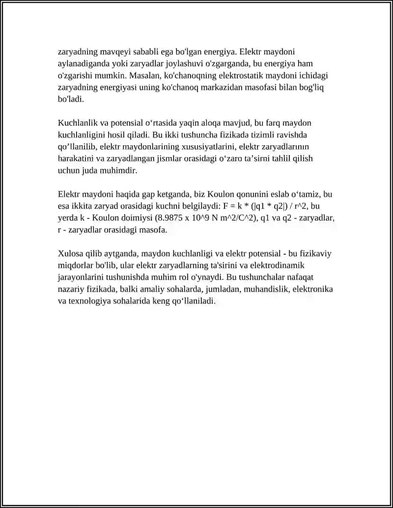 MAYDON KUCHLANGANLIGI BILAN POTENSIONAL O`RTASIDAGI BOG`LANISH 4