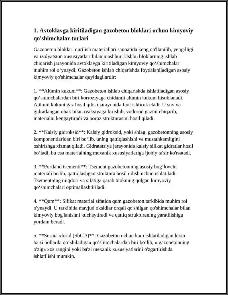 AVTOKLAVDA QOTADIGAN DEVORBOP GAZOBETON BLOKLARINI ISHLAB CHIQARISHDA KIMYOVIY QO’SHIMCHALARNI RO’LI. 4