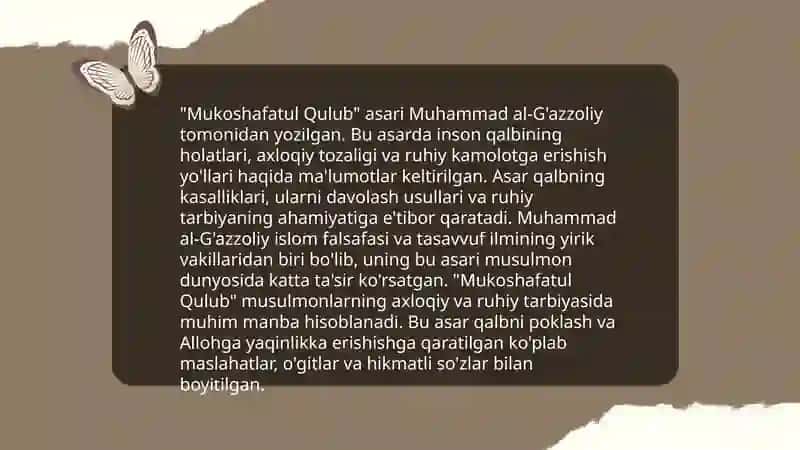 Abu Homid Gʻazzoliyning mukoshafatul qulub asari boʻyicha taqdimot tayyorlash 4