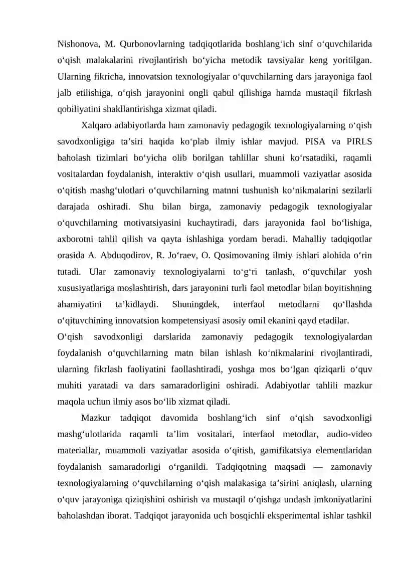 BOSHLANG‘ICH SINF O‘QISH SAVODXONLIGI DARSLARIDA ZAMONAVIY PEDAGOGIK TEXNOLOGIYALARDAN FOYDALANISH METODIKASI 4
