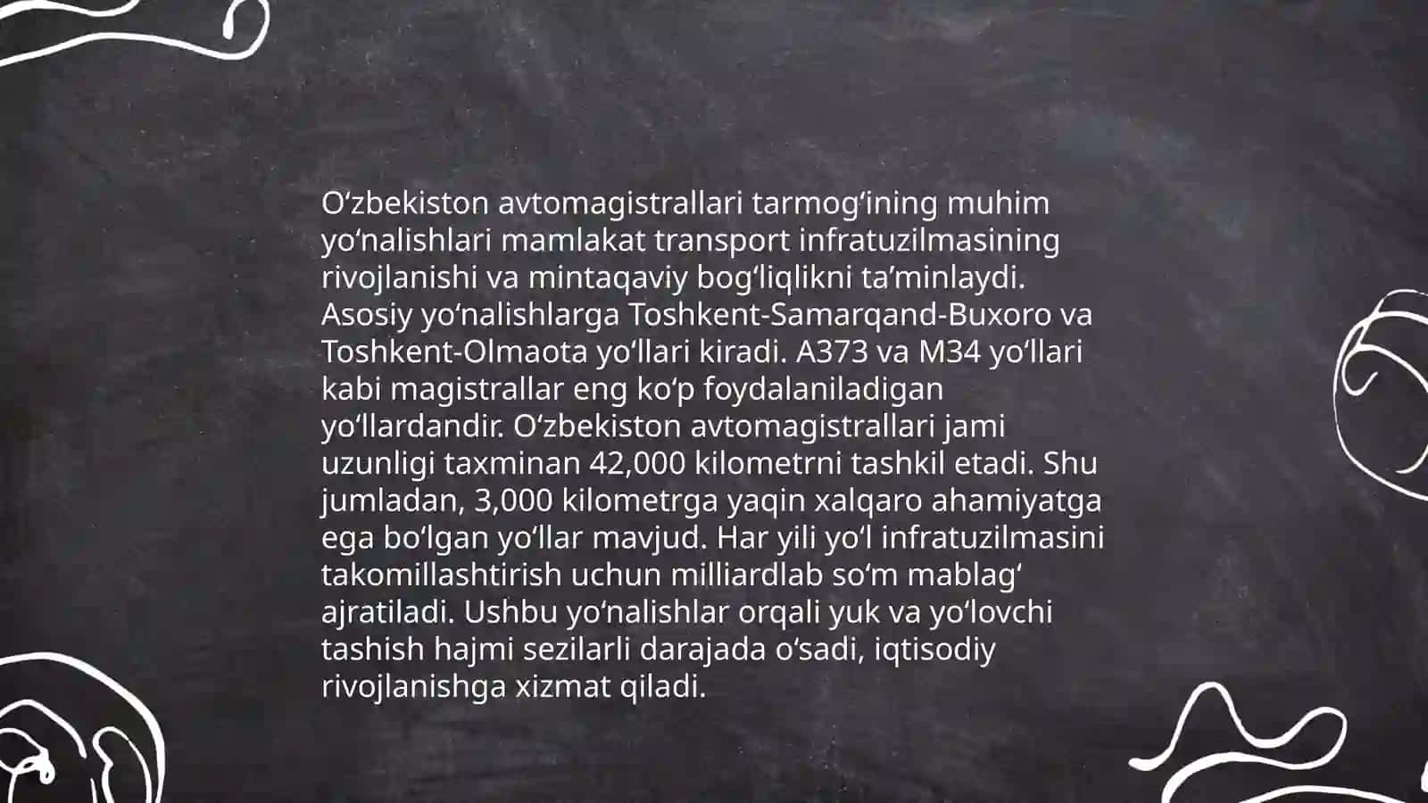 Zamonaviy avtomagistrallar - Oʻzbek milliy avtomagistrallarini oʻrganish 4