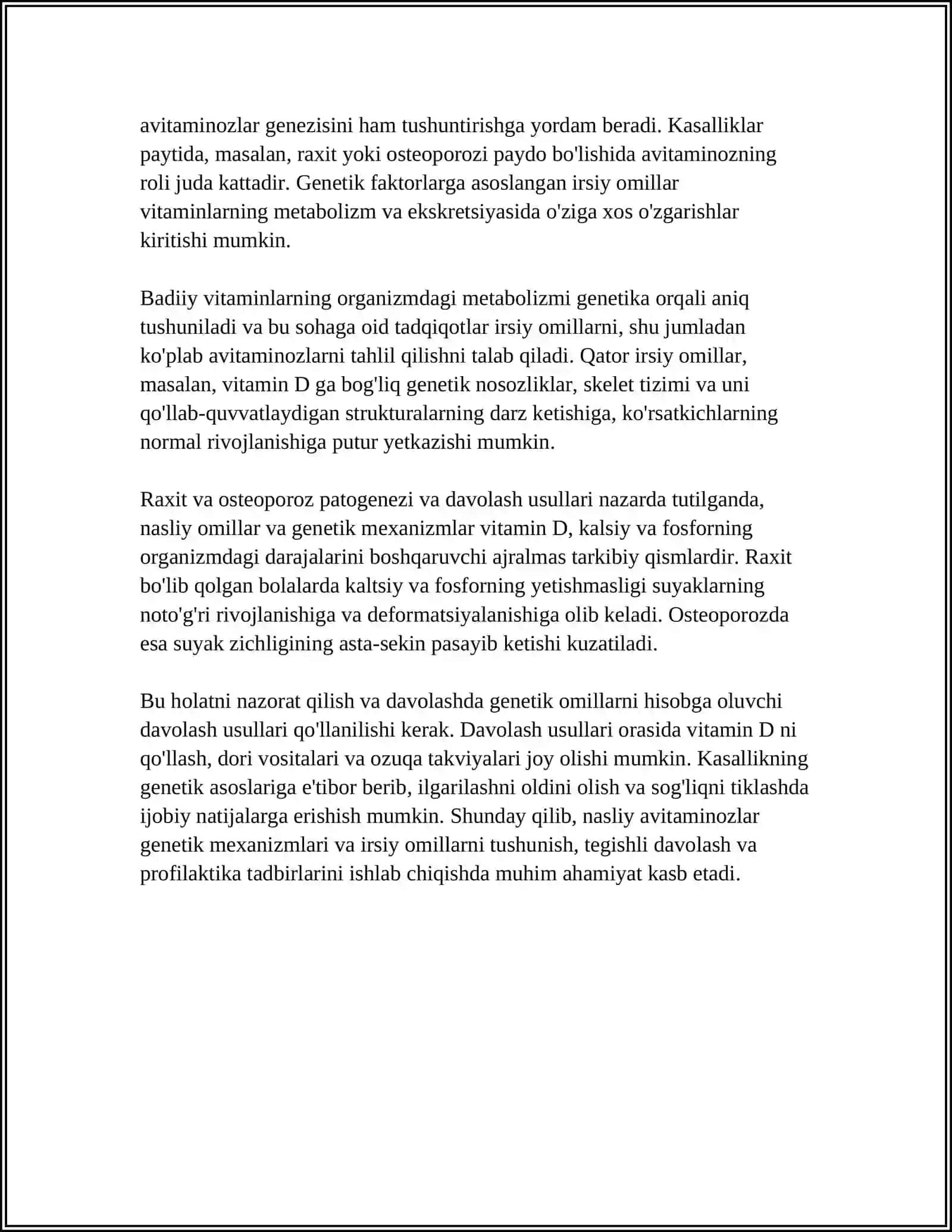 NASLIY AVITOMINOZLAR.TABIIY VA SUNʼIY VITAMINLARNI METABOLIZMI VA EKSKRETSIYALANISHI. RAXIT VA OSTEOPOROZ PATOGENEZI VA DAVOLASH USULLARI 4