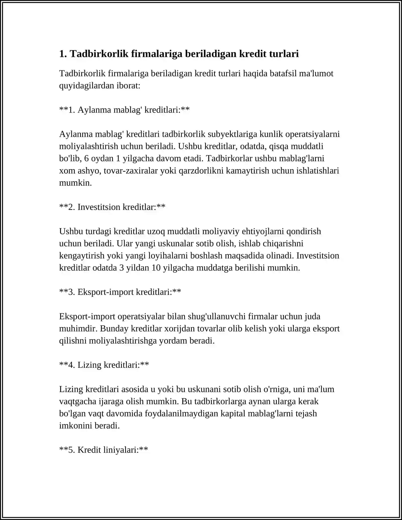 TADBIRKORLIK FIRMALARINI KREDITLASH 4