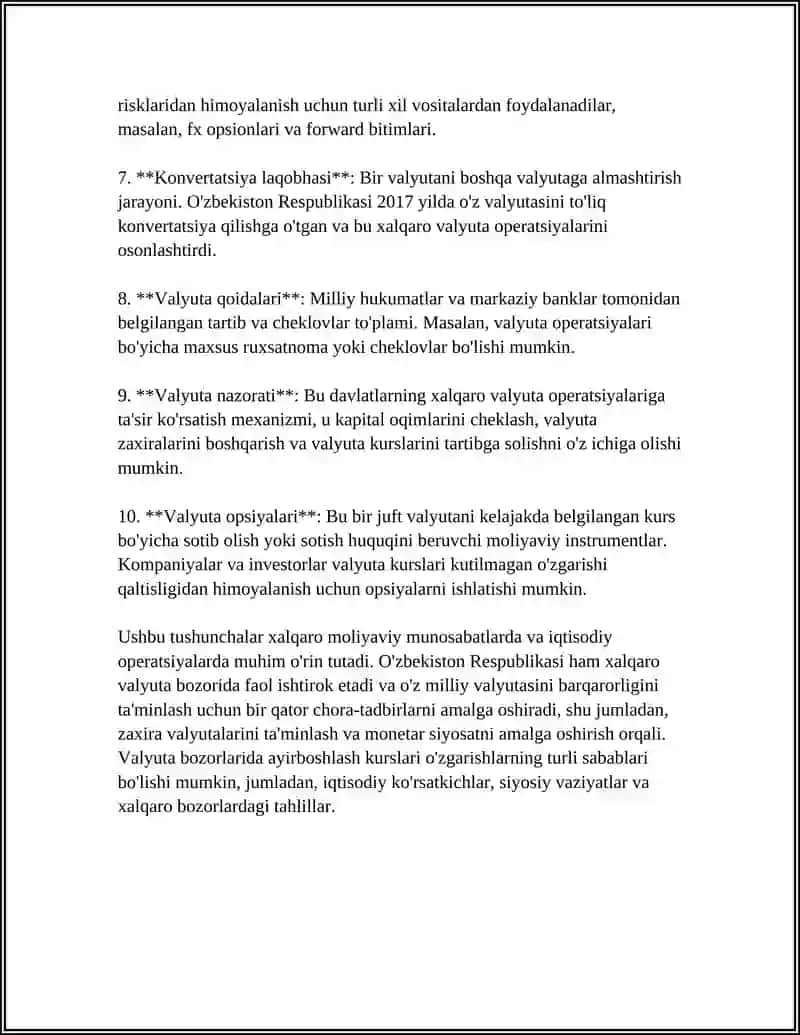 VALYUTA OPERASIYALARINI TASHKIL ETISH, VALYUTA POZITSIYASI VA NAZORATI 4