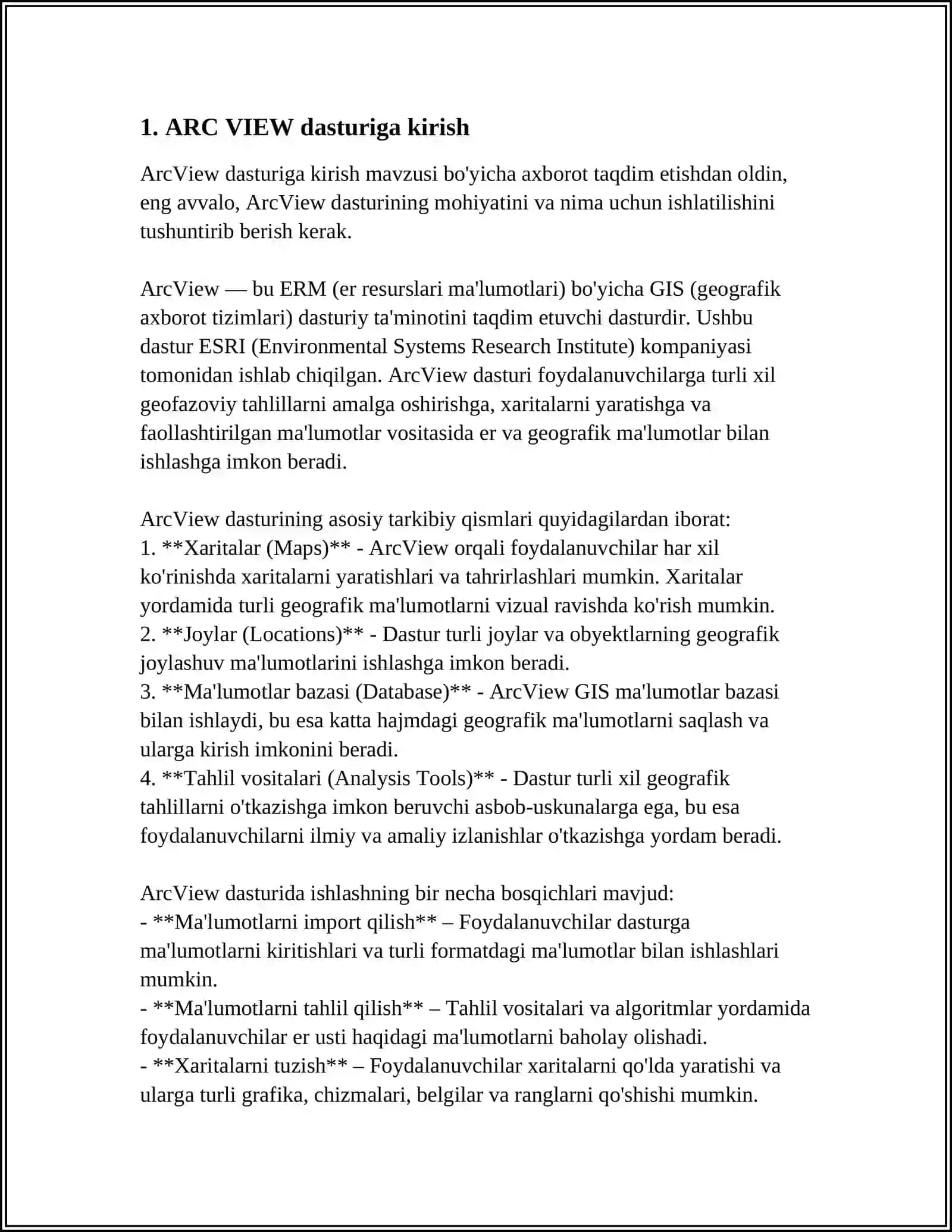 ARC VIEW DASTURIY PAKETI VA UNDAN FOYDALANISH 4