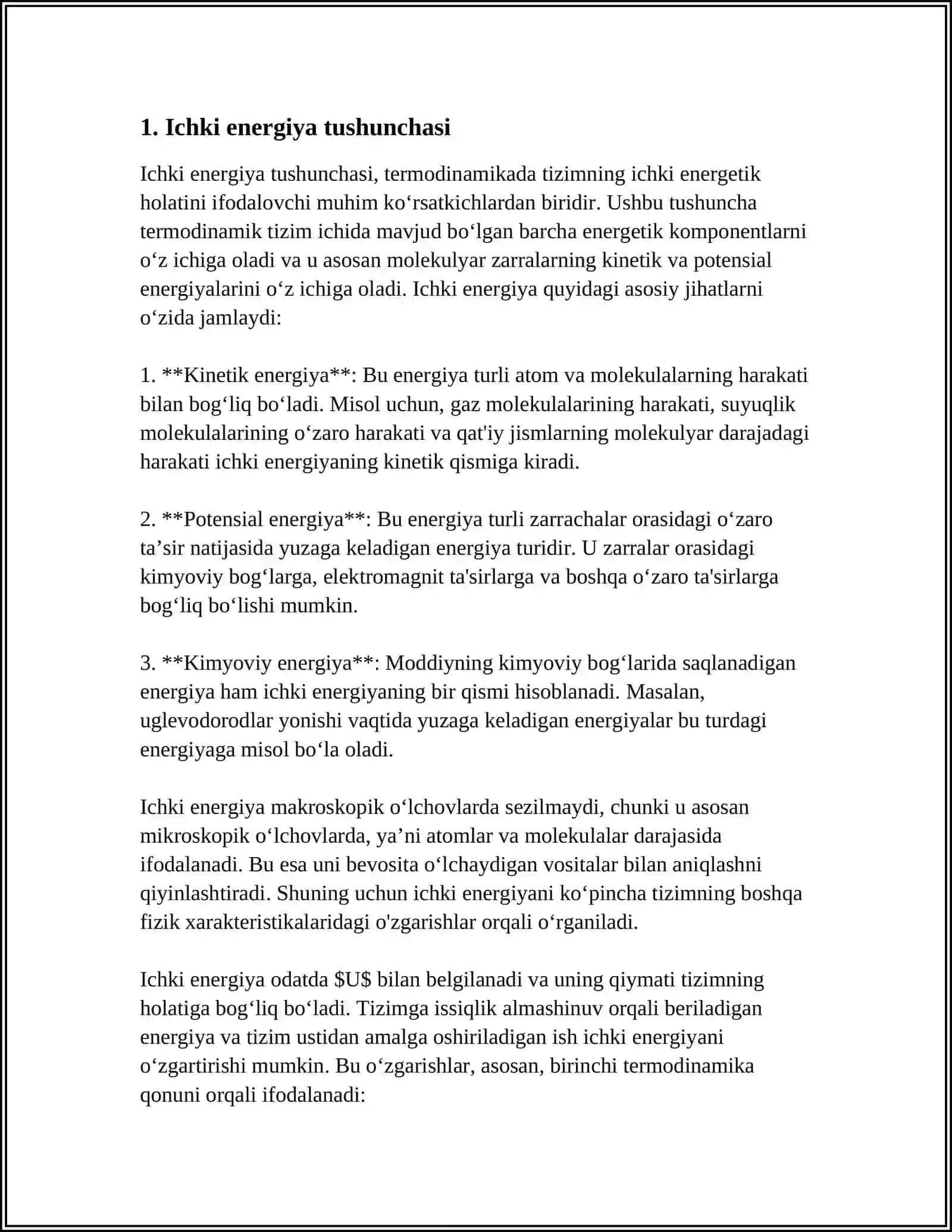 ICHKI ENERGIYA. ISSIQLIK VA ISH ENERGIYANI UZATISH SHAKLLARI EKANLIGI. ISHNING XILLARI. EKSTENSIVLIK VA INTENSIVLIK FAKTORLARI 4