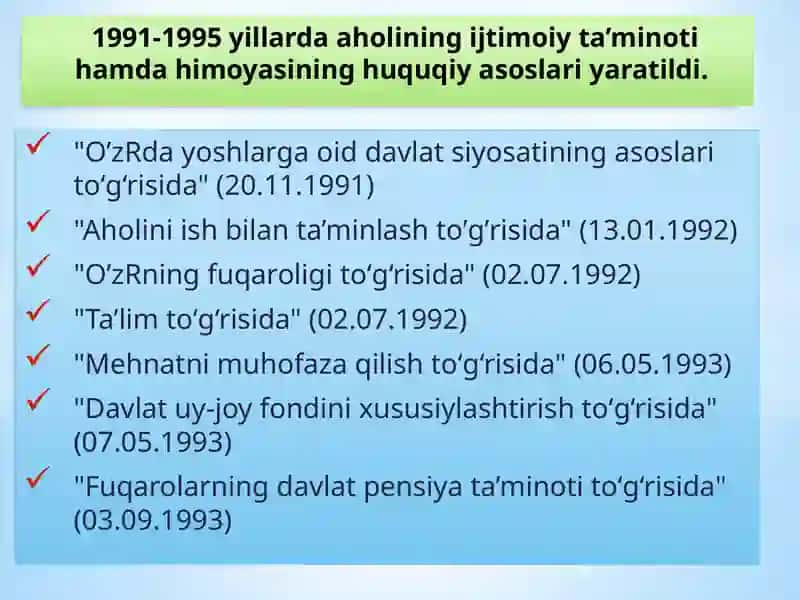 O’ZBEKISTON RESPUBLIKASIDAGIIJTIMOIYO’ZGARISHLARVAAHOLI FAROVONLIGINI OSHIRISH TADBIRLARI 4