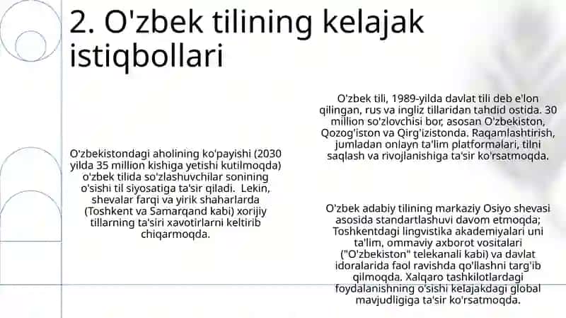 Hozirgi oʻzbek adabiy tilining davlat tili mavqeyidagi oʻrni 4