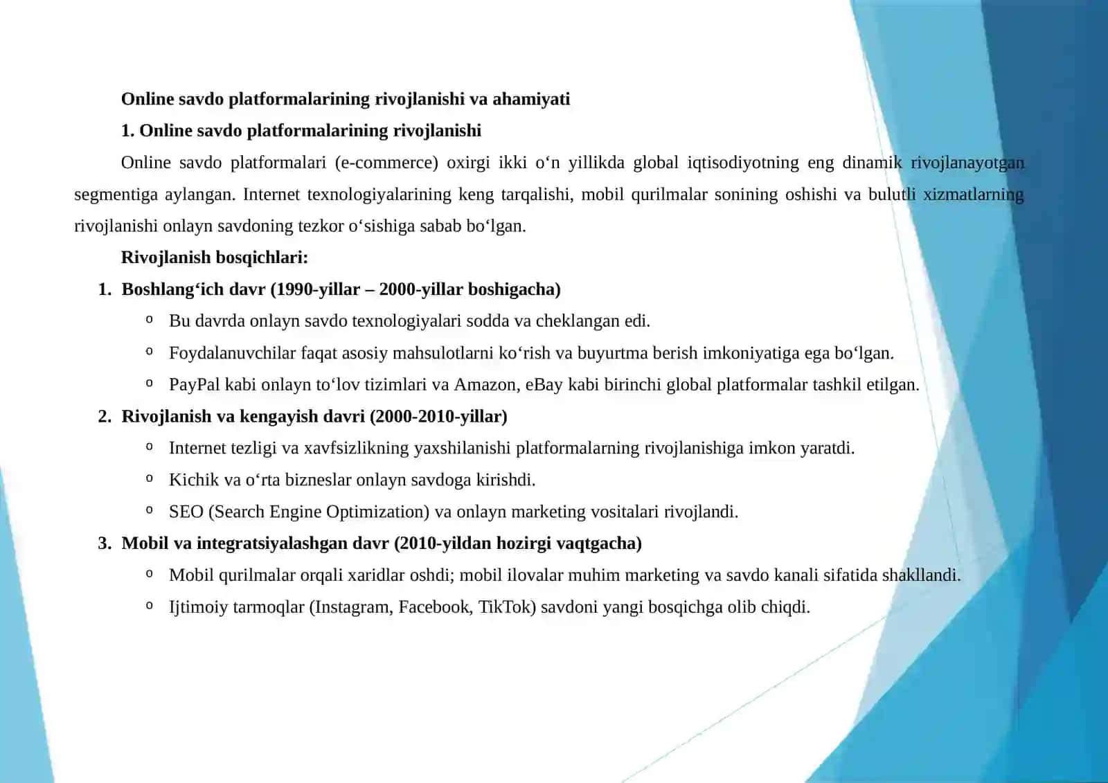 ONLINESAVDOPLATFORMASINIRIVOJLANTIRISHSTRATEGIYASINIISHLAB CHIQISH,AMALIYOTDAGIMUAMMONIANIQLASHVALOYIHASHAKLDAYECHIM TAYYORLASH 4