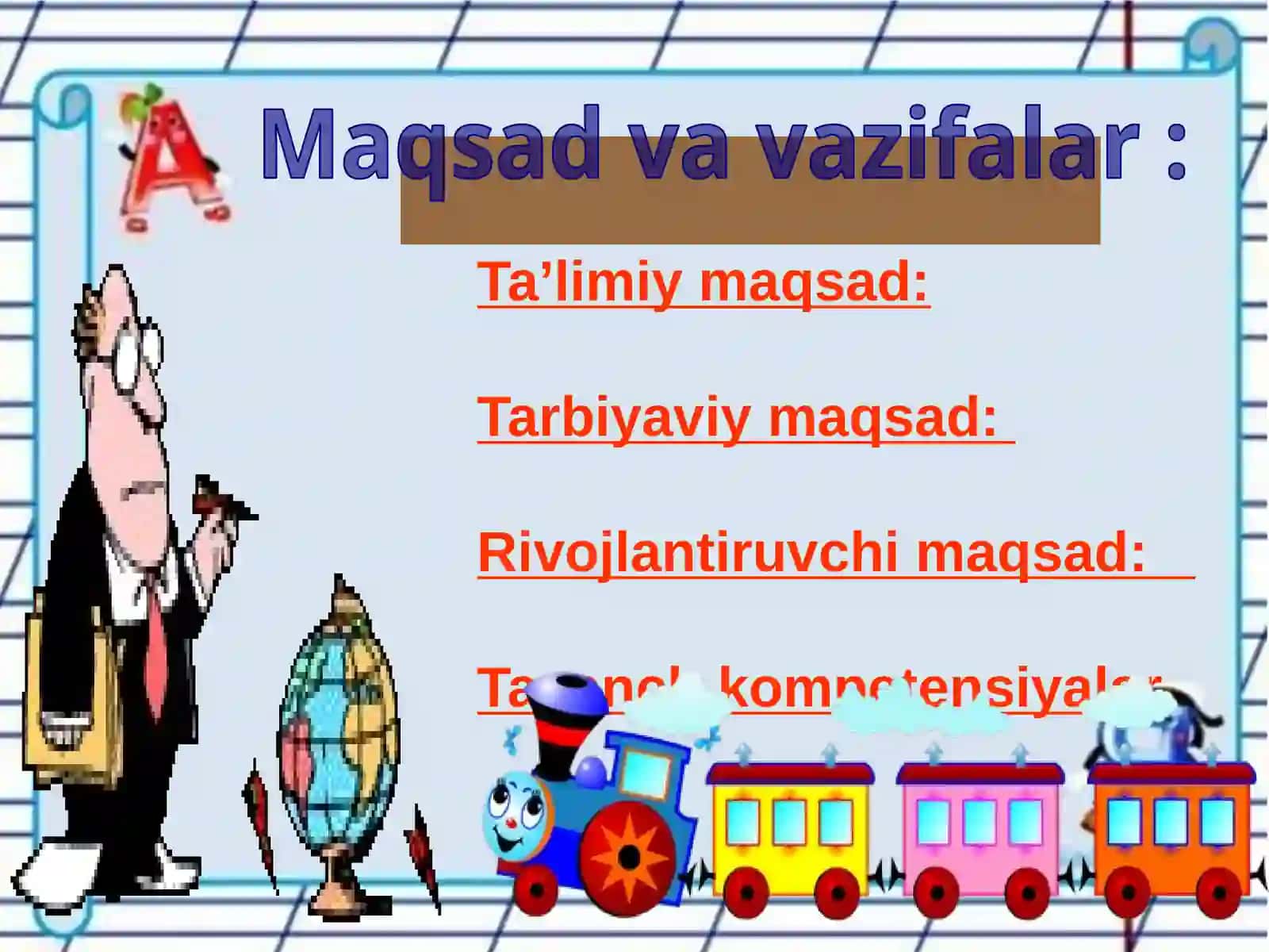 6 -son umumta’lim maktabining boshlang’ich sinf o’qituvchisi Mirkamolova Zulfiyaning bir soatlik darsining taqdimot loyihasi 4