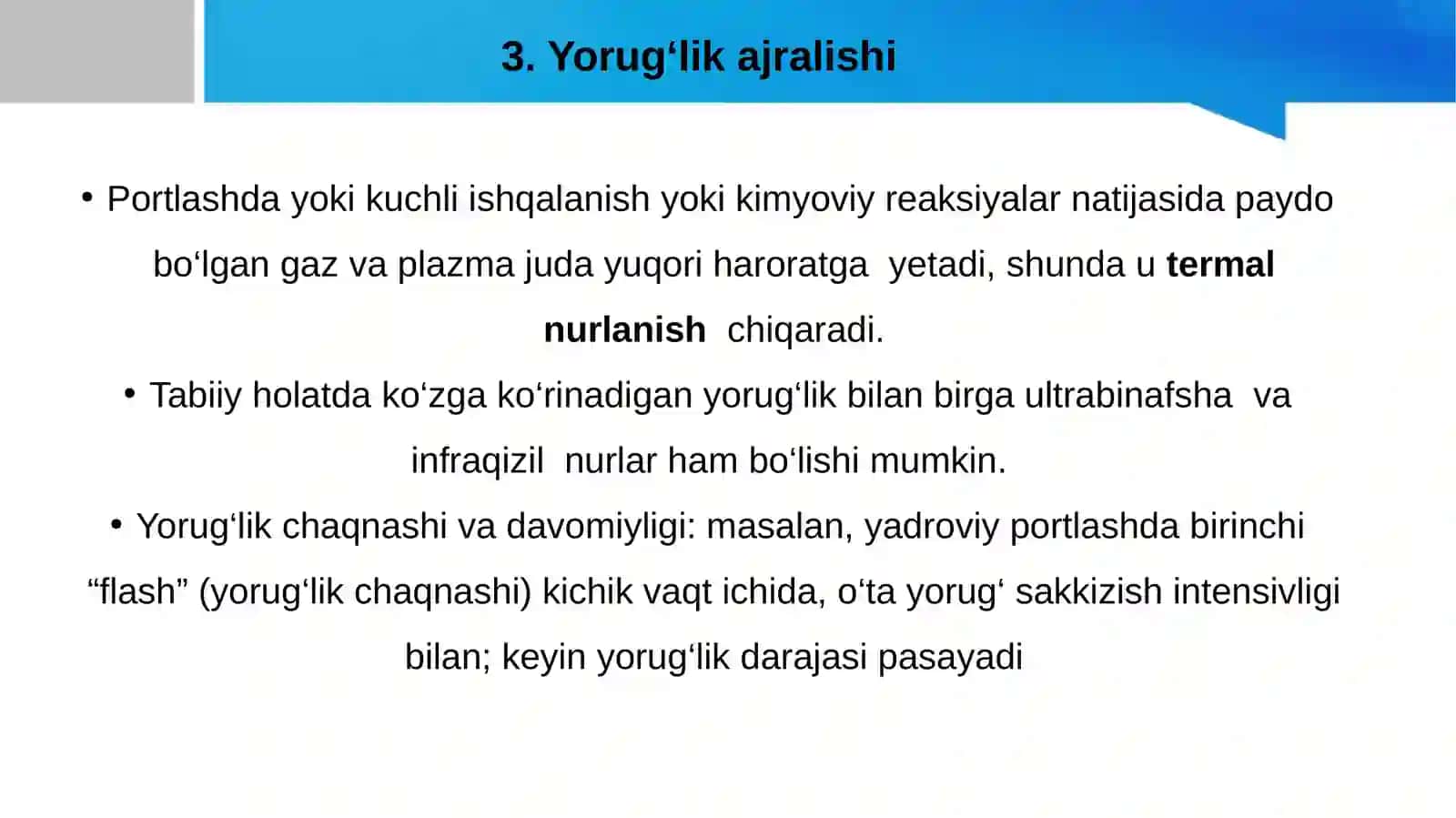 To’lqin zarbi. Jabrlanish zonalari tavsifi. Yorug’lik ajralishi. O’tuvchi nurlar 4