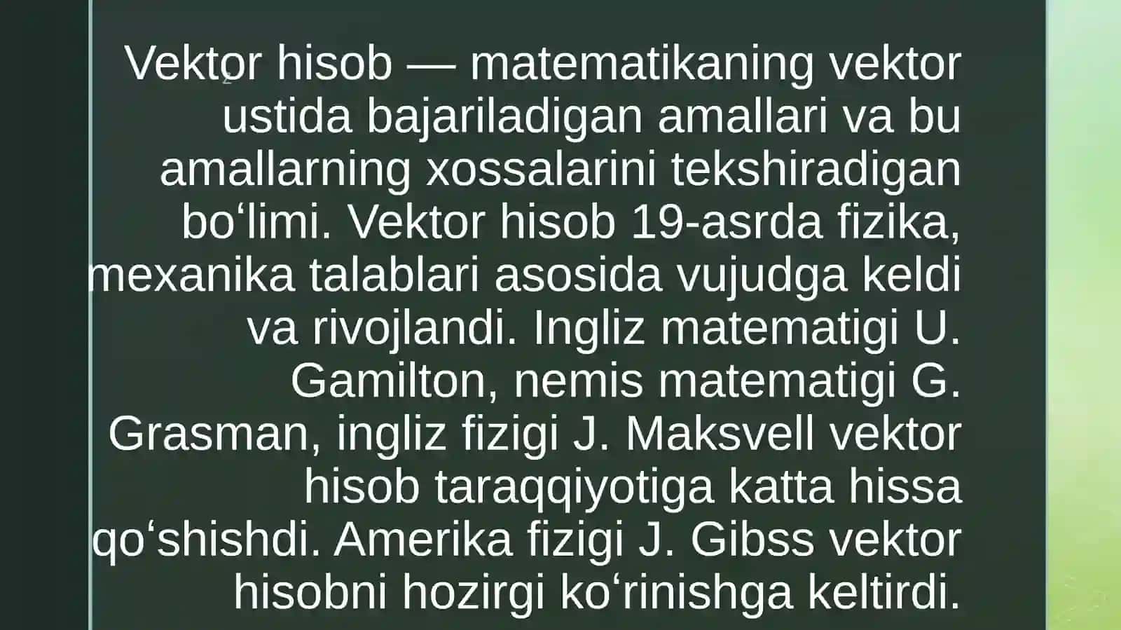 Vektorlar algebrasining tabiat bilan bogʻliqligi 4