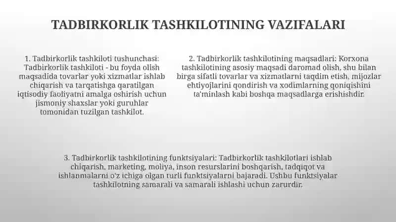 Tashkilot XoʻJalik SubʼEkti Tushunchalari Biznesni Tashkil Etishning Maqsadi Va Vazifalari 4