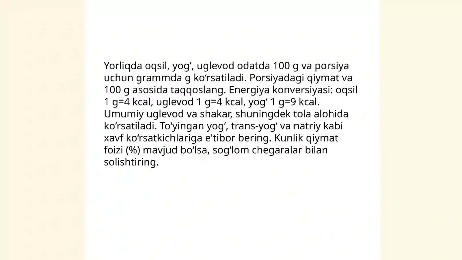 Oziq-ovqat mahsulotlarining tarkibi foydali va zararli xususiyatlarini yorliqlari orqali òrganish 4
