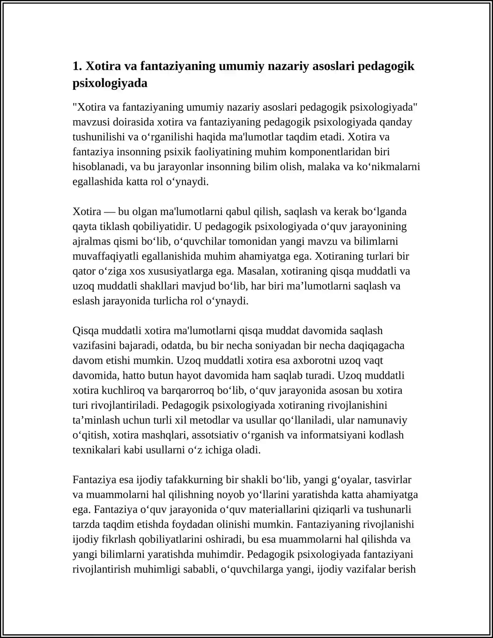 XOTIRANI O'RGANISH METODLARI. FANTAZIYA 4