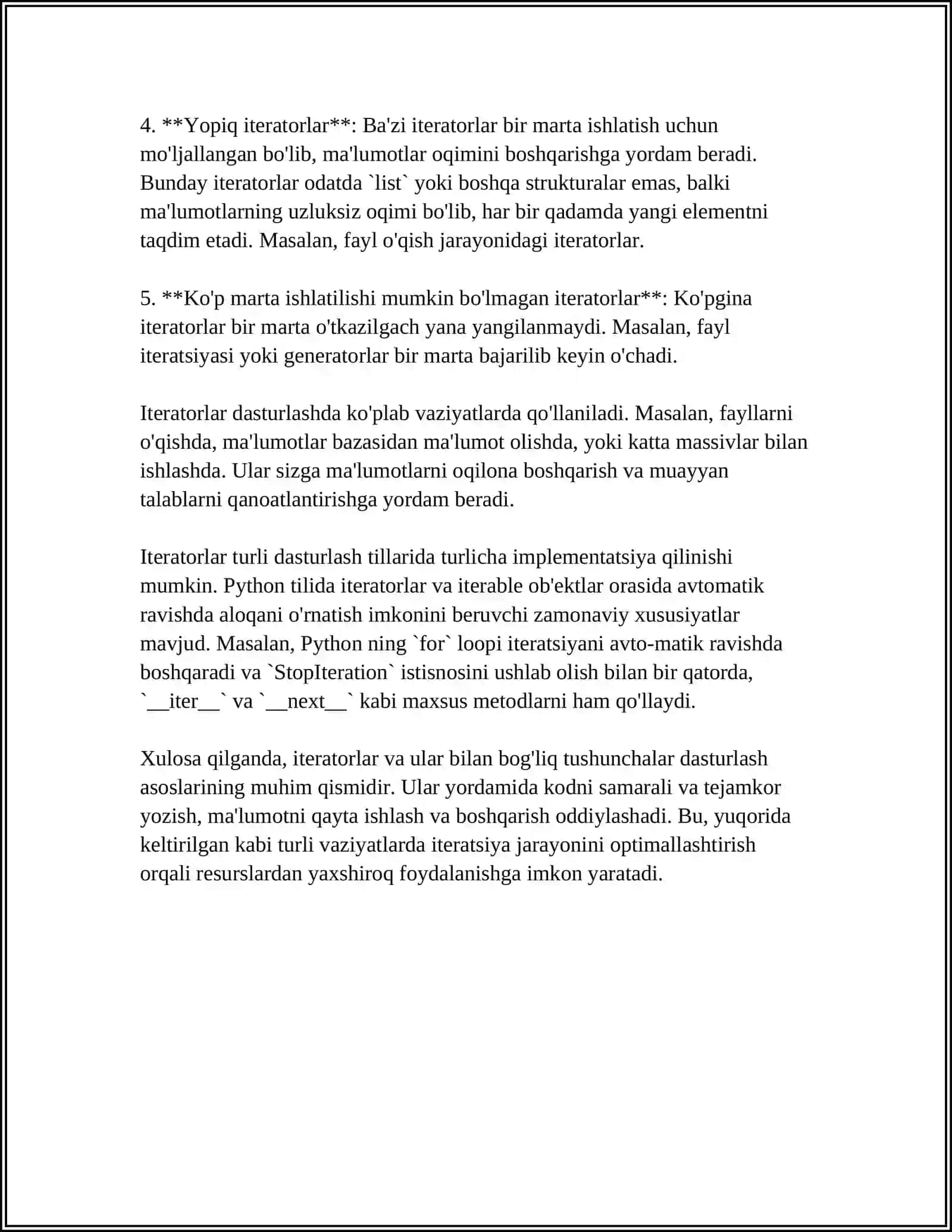 MAʼLUMOTLAR TUZILMASI VA ALGORITMLAR FANIDAN ITERATORLAR VA ULARNING TURLARI GRAFLARNI TASVIRLASH USULLARI:QOʻSHMA MATRITSA 4