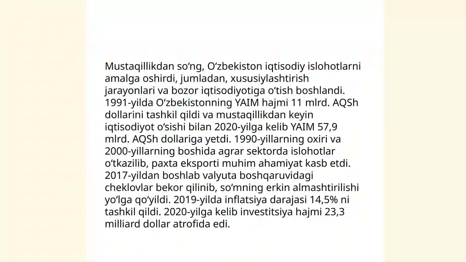 O'zbekistonda bozor iqtisodiyotiga o'tishning zaruriyati va bozor iqtisodiyotining hozirgi holati 4