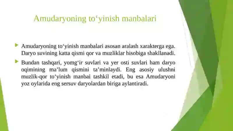 Amudaryoning suv rejimi, to‘yinish manbalari va irmoqlari haqida 4