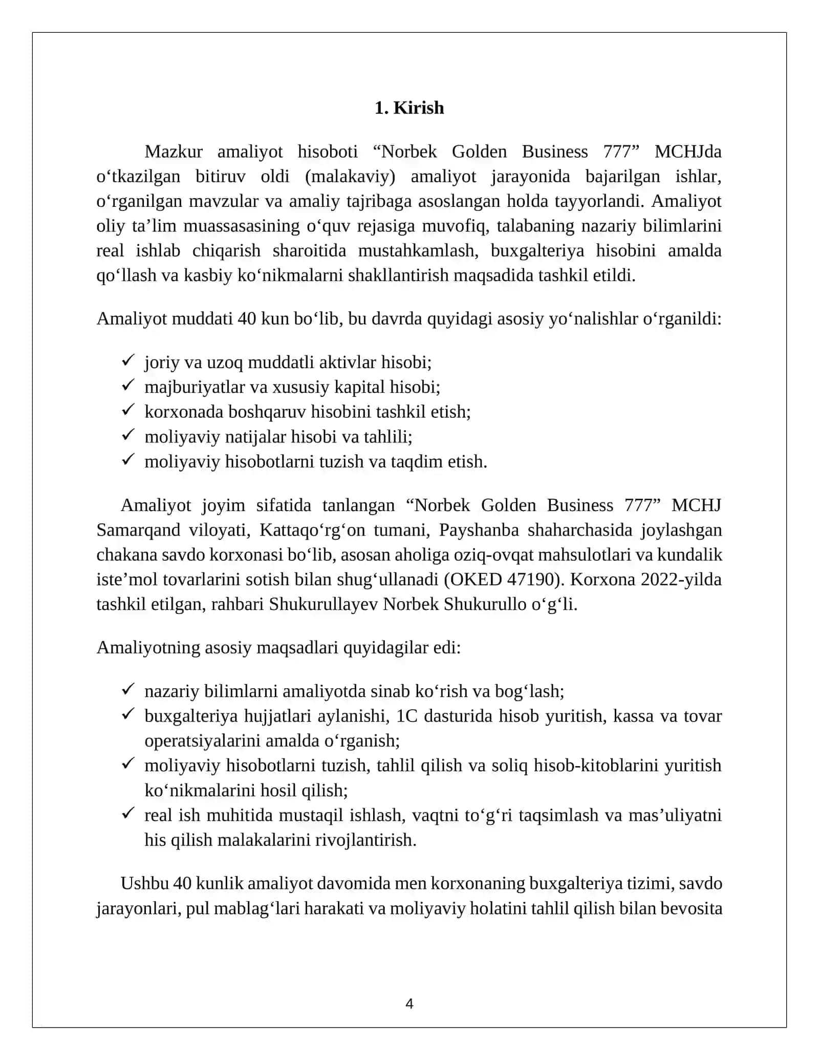 Chakana savdo doʻkonlari faoliyati boʻyicha. AMALIYOTI HISOBOTI 4