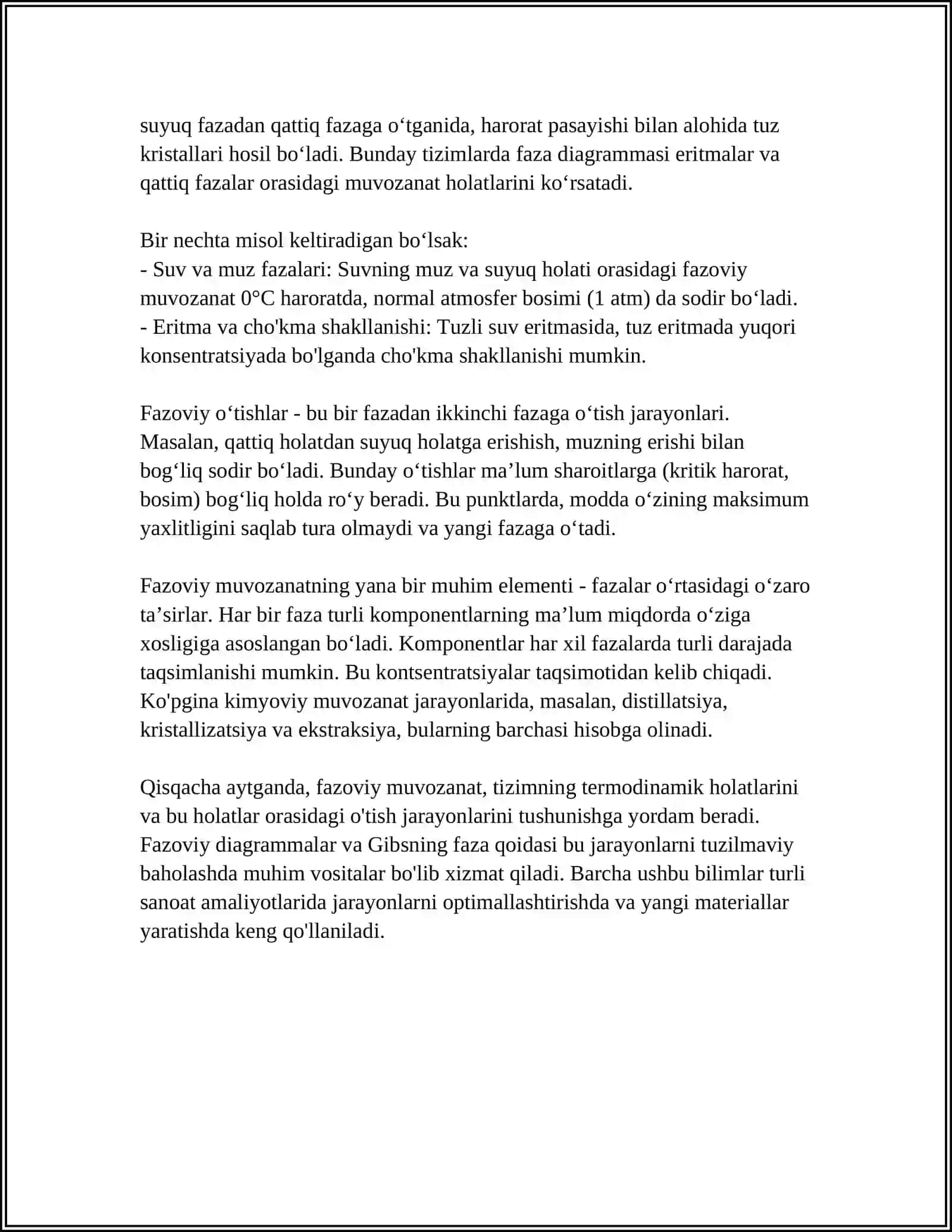 FAZOVIY MUOZANAT.ASOSIY TUSHUNCHALAR:KOMPONENT,FAZA,ERKINLIK DARAJASI.GIBBSNING FAZALAR QOIDASI.BIR KOMPONENTLI SISTEMALARNING HOLAT DIOGRAMMASI.IKKI KOMPONENTLI SISTEMALARNING HOLAT DIAGRAMMASI 4