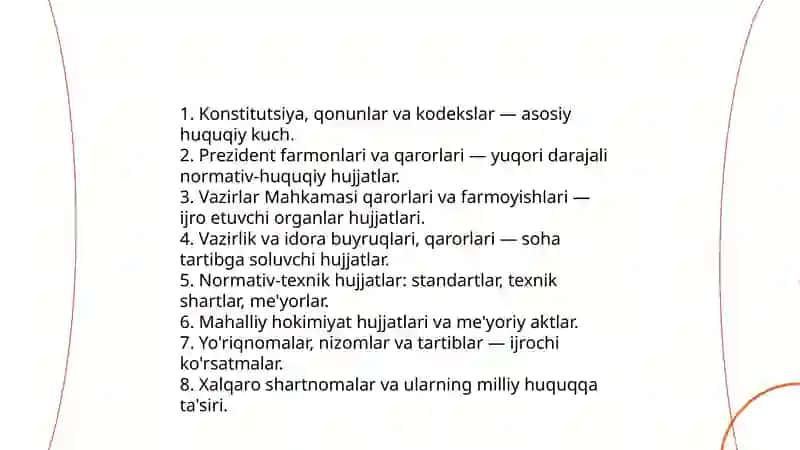 Me'yoriy hujjat kategoriyalari, tuzish tartibi, ularning tuzilishi 4