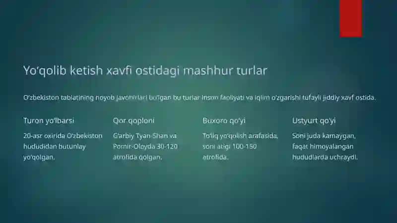 Oʻzbekiston "Qizil kitobi": Yoʻqolib borayotgan tabiat boyliklarini saqlash 4