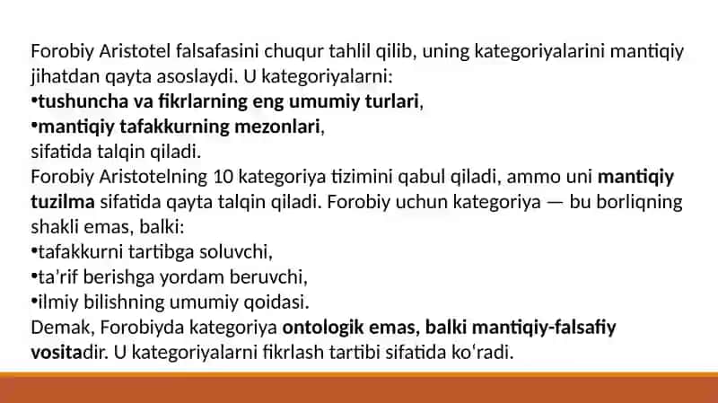 Aristotel, Forobiy va Kant ontologiyasida kategoriyalar tasnifini qiѐsiy tahlil etish va farqlarini aniqlash, esse tayѐrlash, krossvord tayѐrlash. 4