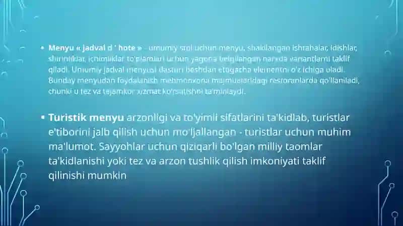 RESTORAN MENYUSINI ISHLAB CHIQISH. MAVSUMIYLIK VA KREATIV YONDASHUV 4