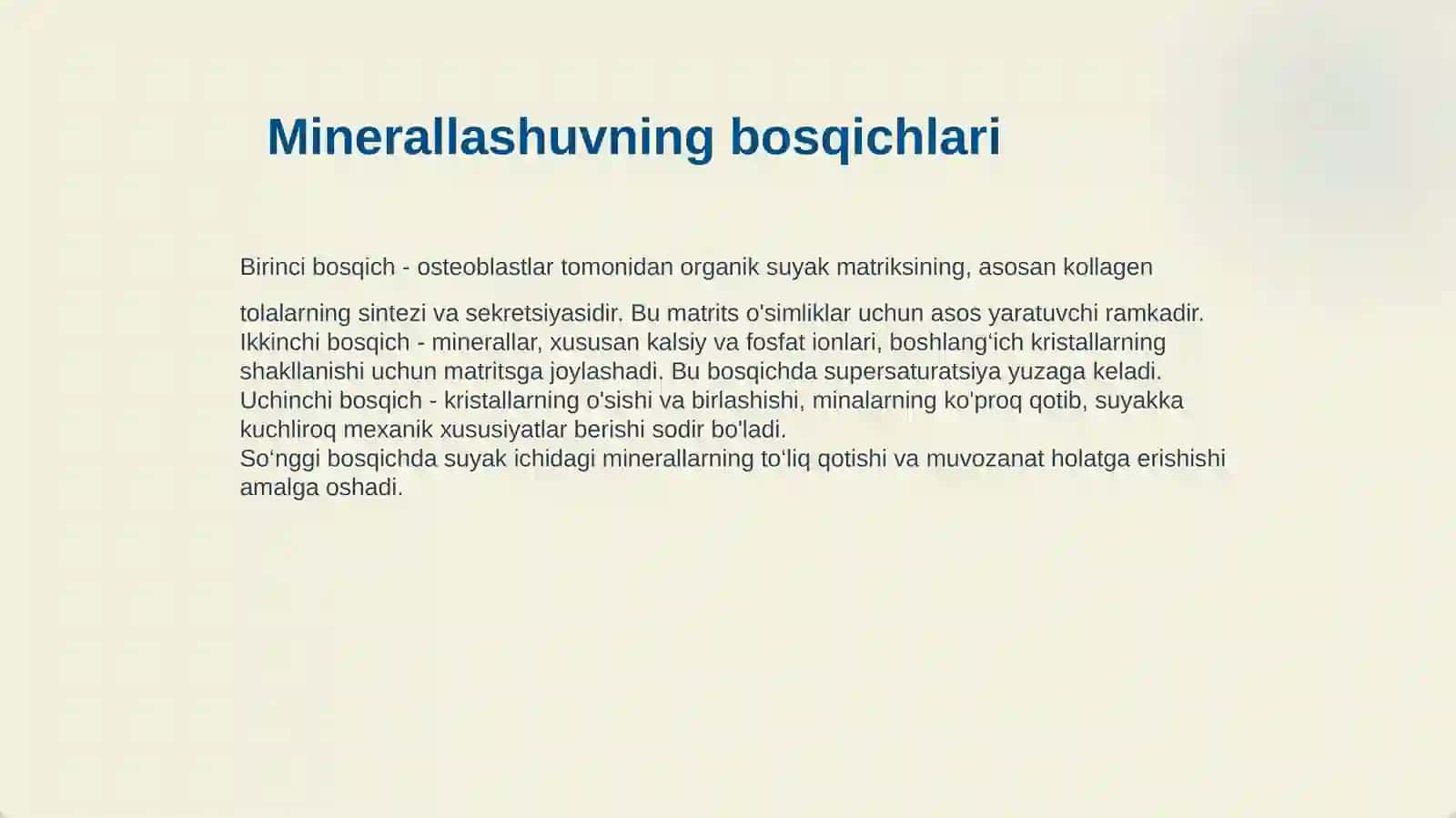 SUYAK TO’QIMALARINING MINERALLASHUVI, UNING TARTIBGA SOLINISHI VA BUZILISHLARI. SUYAK VA TOG’AY TO’QIMALARINING REGENERATSIYASI VA TRANSPLANTATSIYASI. SUYAKNING O’SISHIGA TA’SIR QILUVCHI OMILLAR. KO’NDALANG TARG’IL VA SILLIQ MUSHAKLARNING QISQARISH MEXANIZMI. MUSHAKLARNING TARAQQIYOTI, STRUKTURAVIY BUTUNLIGINI SAQLANISHI VA REGENERATSIYASIDA INNERVATSIYASINING AHAMIYATI 4