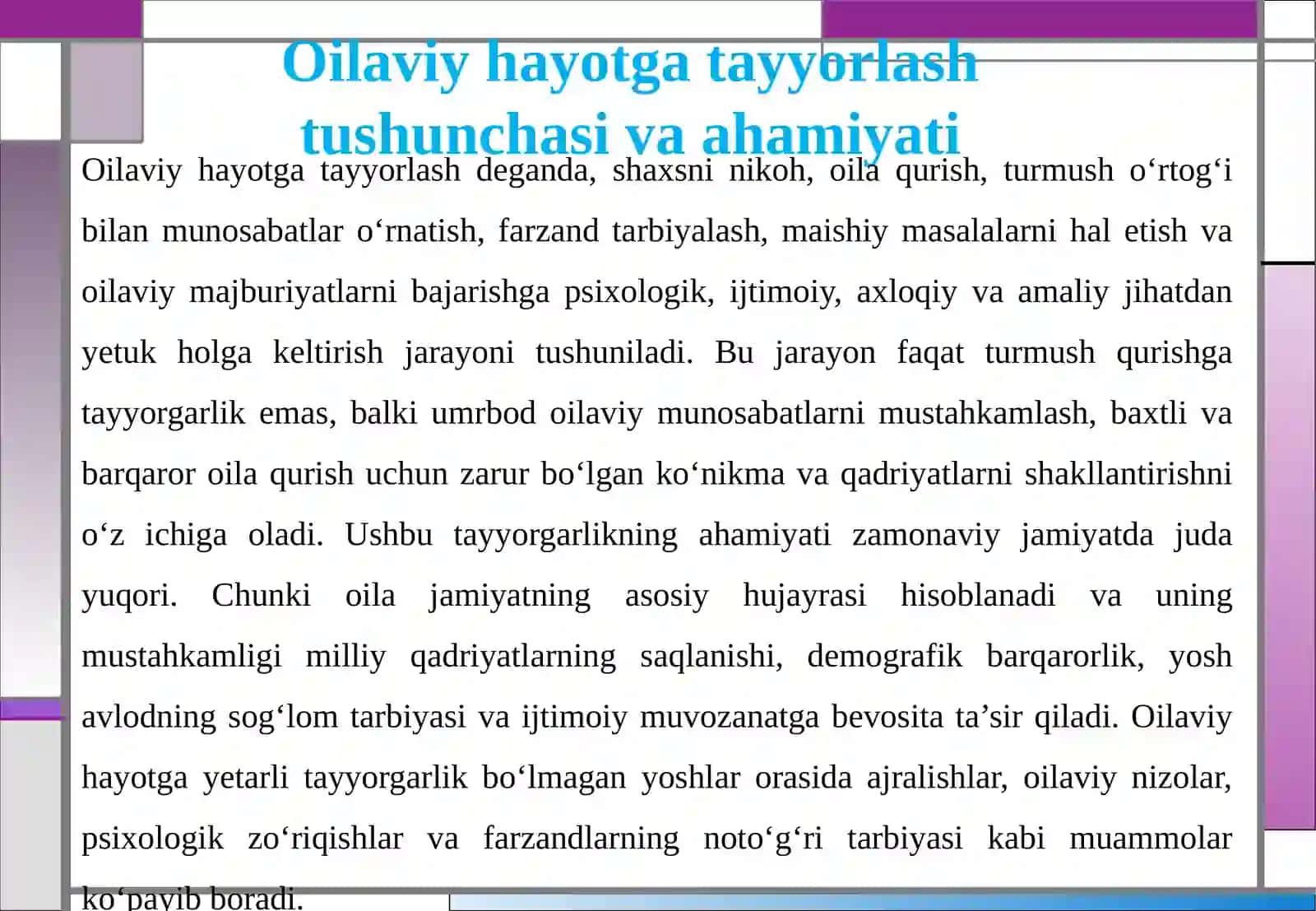 IXTISOSLASHTIRILGAN MAKTAB YUQORI SINF O‘QUVCHILARINI OILAGA TAYYORLASH VA SINF RAHBARINING FAOLIYATI 4