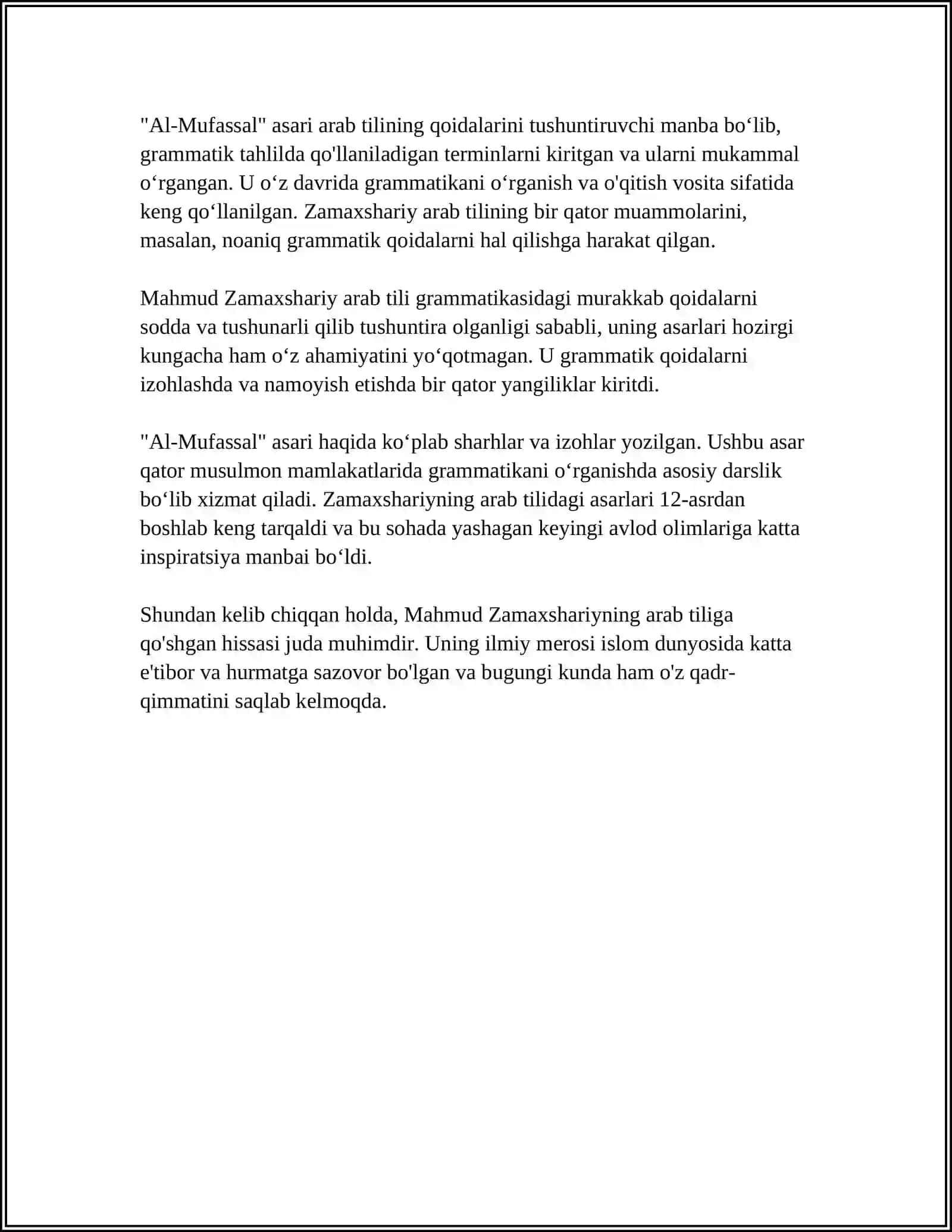 MUSTAQIL ISH Mavzu: MAHMUD ZAMAXSHARIYNING LINGVISTIK QARASHLARI 4