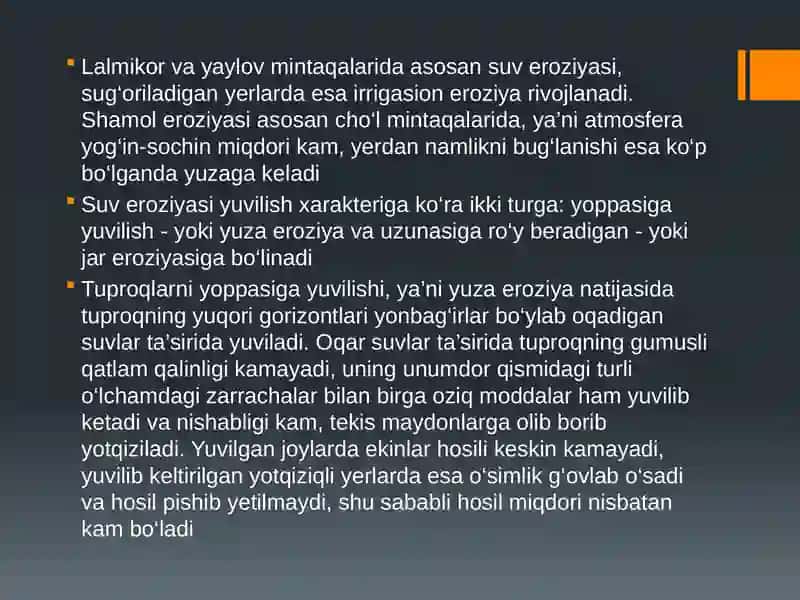 Tuproq eroziyasi, sho’rlanishi va tuproq muhofazasi. 4
