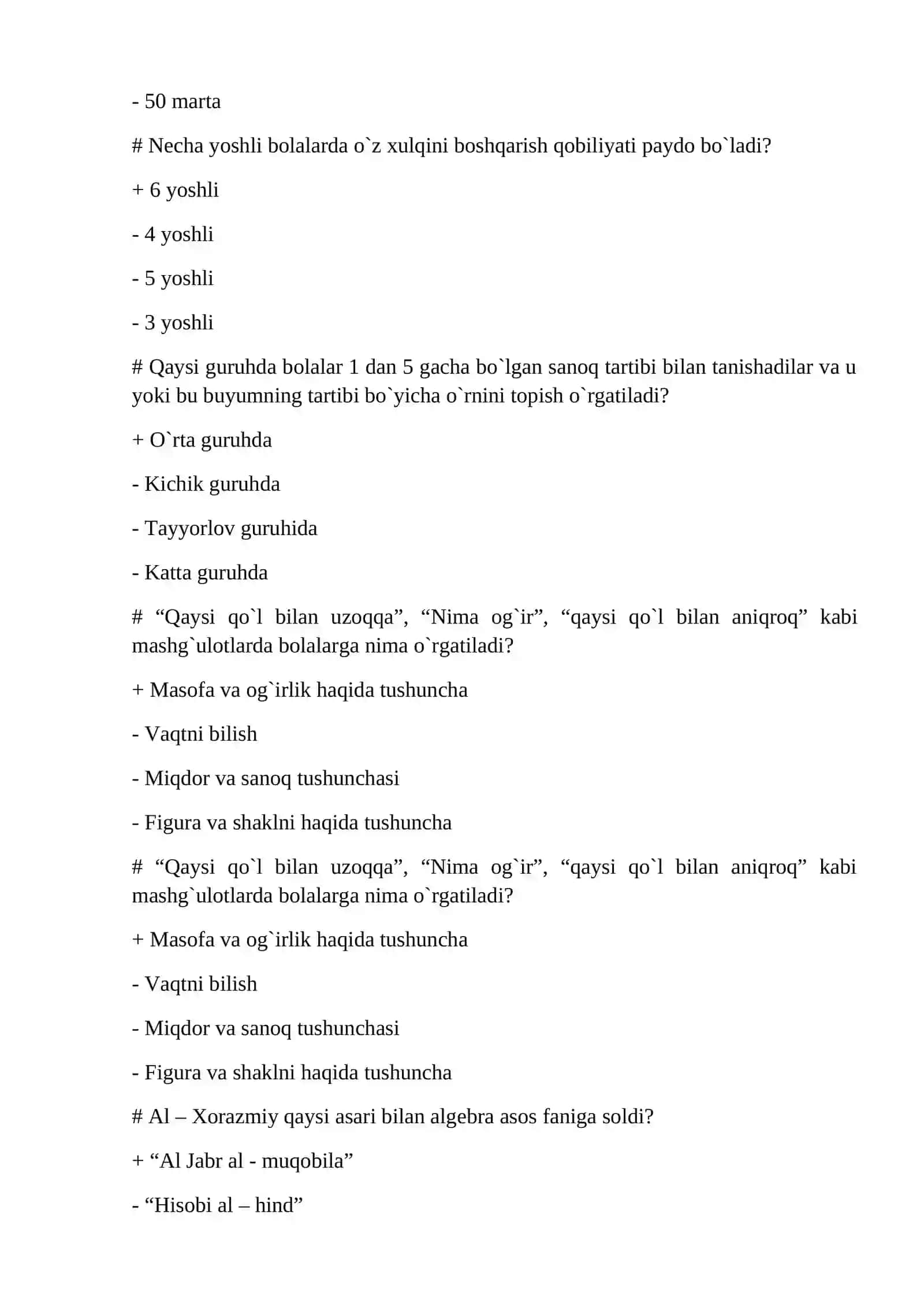 ELEMENTAR MATEMATIK TASAVVURLARNI SHAKLLANTIRISH FANIDAN TEST 4