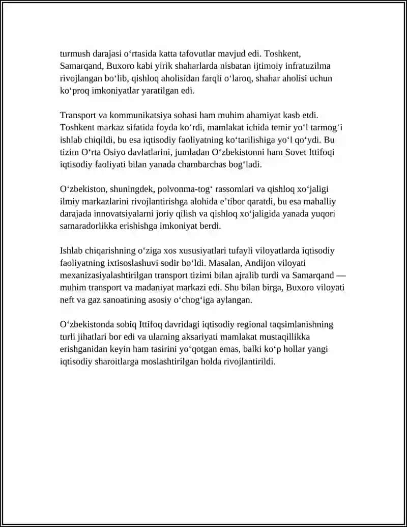 SOBIQ ITTIFOQ DAVRIDA IQTISODIY VA IJTIMOIY GEOGRAFIYA. OʻZBEKISTONDA IQTISODIY VA IJTIMOIY GEOGRAFIYA RIVOJLANISH XUSUSIYATLARI 4