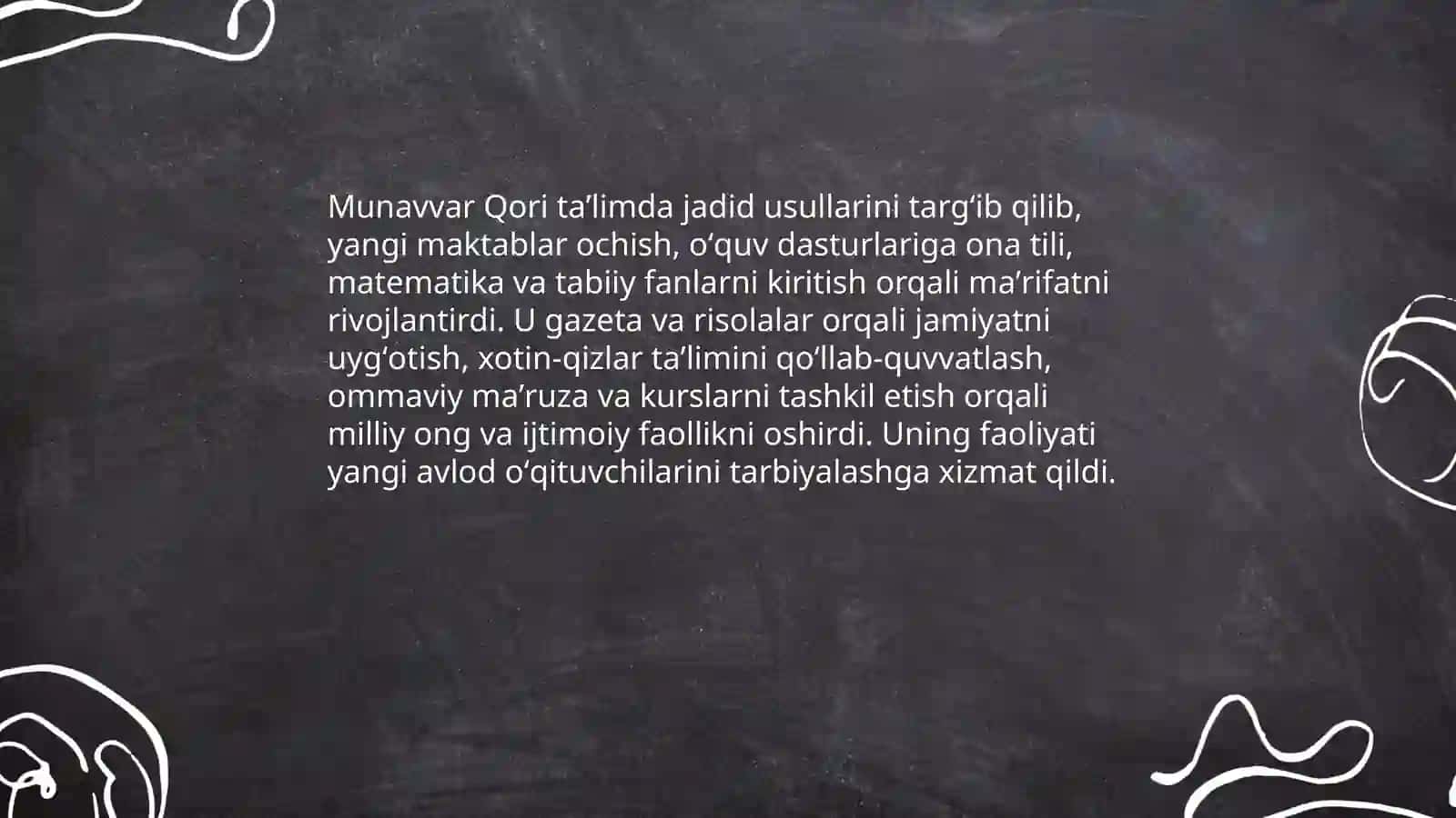 Jadid maʼrifatparvarlarining oʻlka ijtimoiy -maʼnaviy hayotida tutgan oʻrni (Munavvar qori, Fitrat, Behbudiy, Avloniy va boshqa.), "Qayta qurish" yillarida Oʻzbekistondagi ijtimoiy-siyosiy vaziyat 4