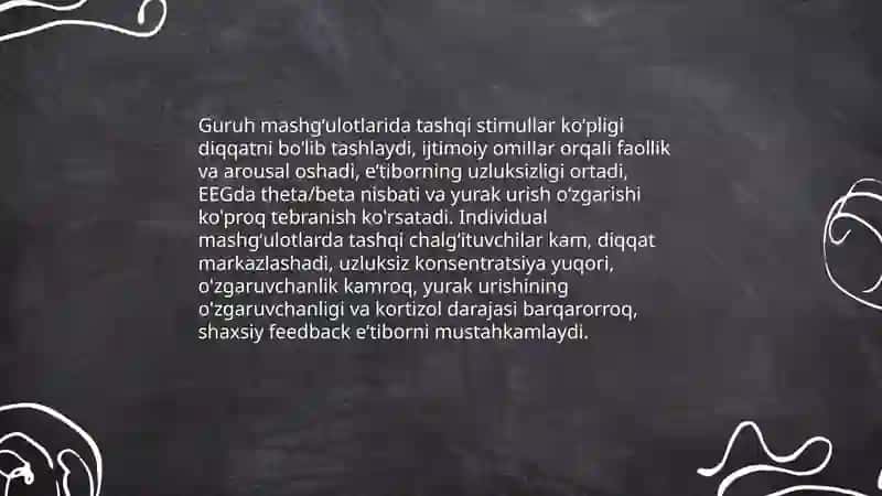 Guruh va individual mashg‘ulotlarning pedagogik samaradorligiva psixofiziologik ta’sir jihatidan farqlari qanday ifodalanadi 4
