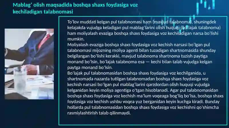 Pul talabnomasidan boshqa shaxs foydasiga voz kechish evaziga moliyalash (faktoring) 4