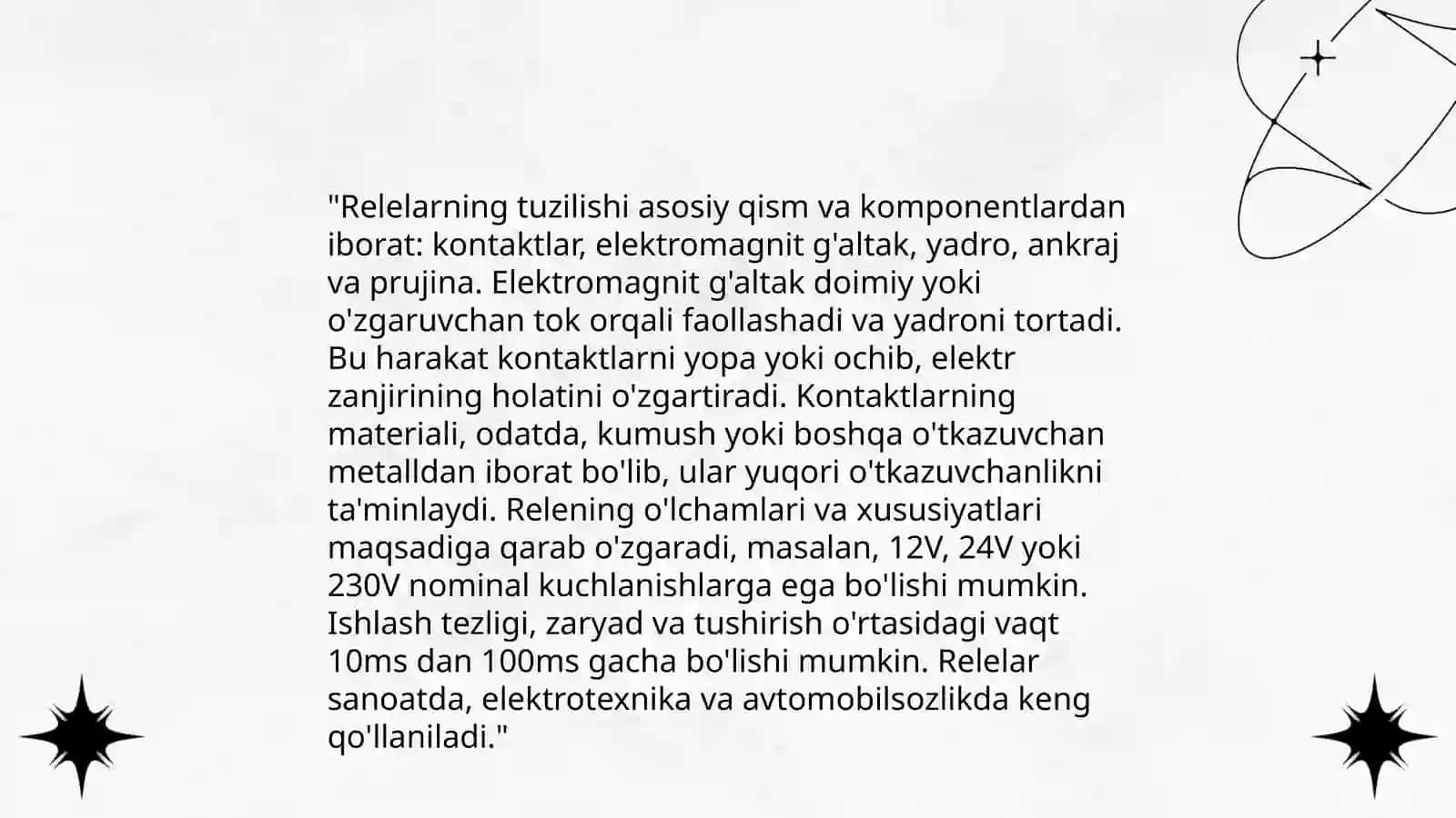 Relelarga boʻlgan talablar turlari va tuzilishi hamda ularning ishlash rejimlari 4