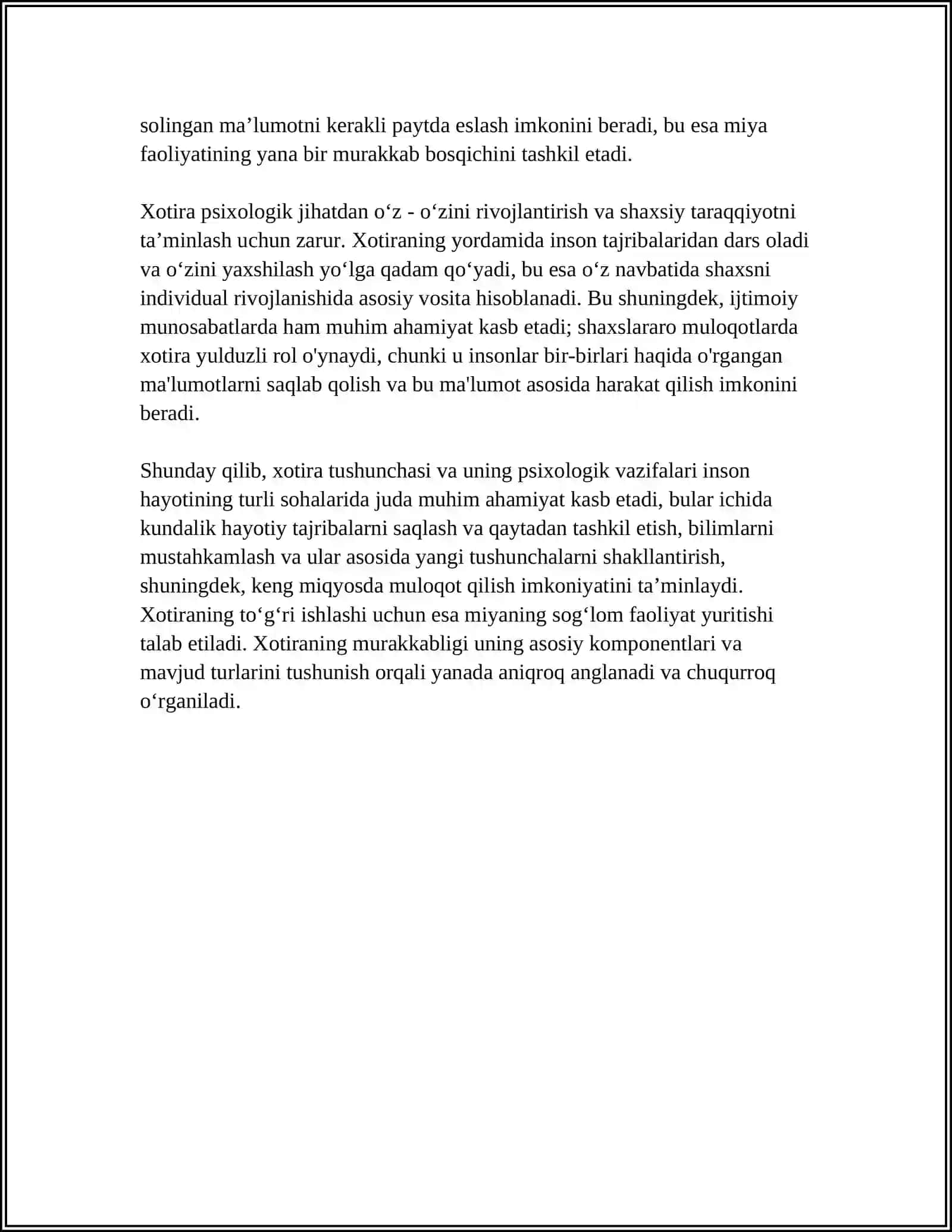 Xotira haqida tushuncha va uning nerv-fiziologik asosi. Xotira turjalari va uning jarayonlari 4