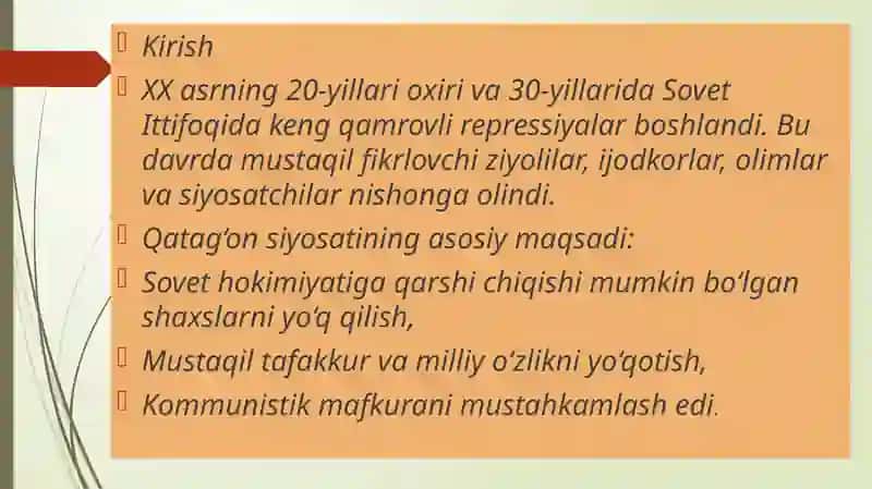 XX asrning 20-yillari oxiri va 30-yillarida ziyolilarning qatag’oni 4