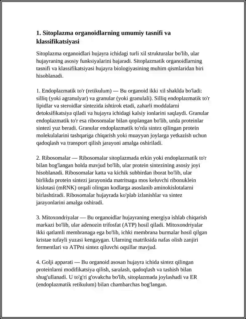 SITOPLAZMA ORGANOIDLAR UNING KLASSIFIKATSIYASI.ENDOPLAZMATIK TOʻR,RIBASOMANING TUZILISHI VA VAZIFASI 4