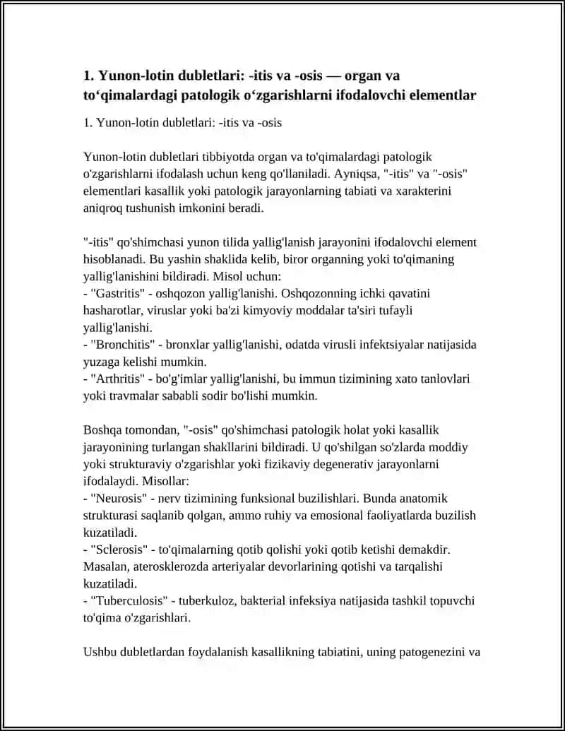 Yunon Lotin Dubletlari Organlardagi va Toʻqimalardagi Patologik O'zgarishlarni Terapevtik va Xirur Usullarni Ifodalovchi Yunon Atama Elementlar 4