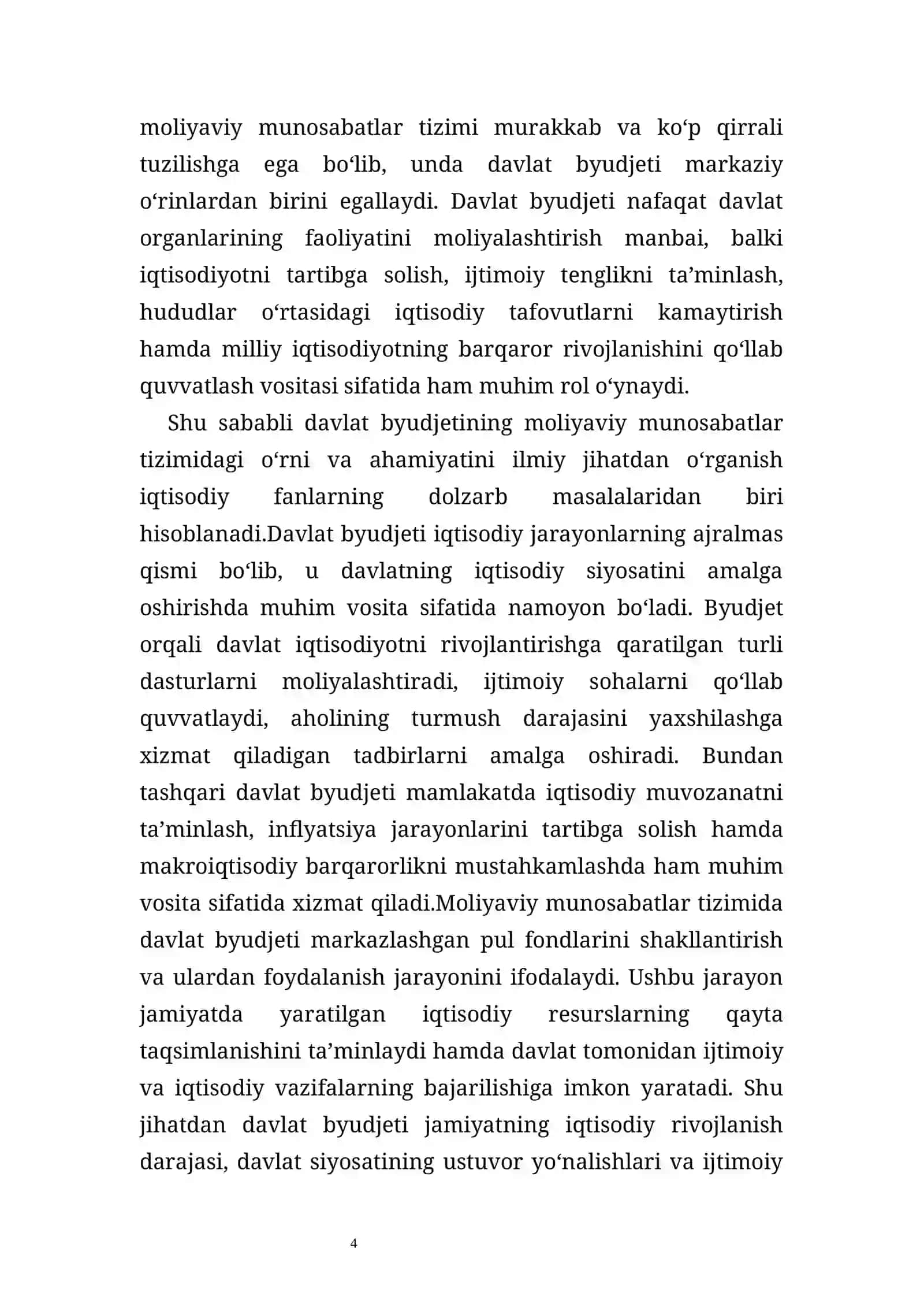 KURS ISHI: Davlat byudjetining umumiy moliyaviy munosabatlar tarkibidagi o’rni va ahamiyati 4