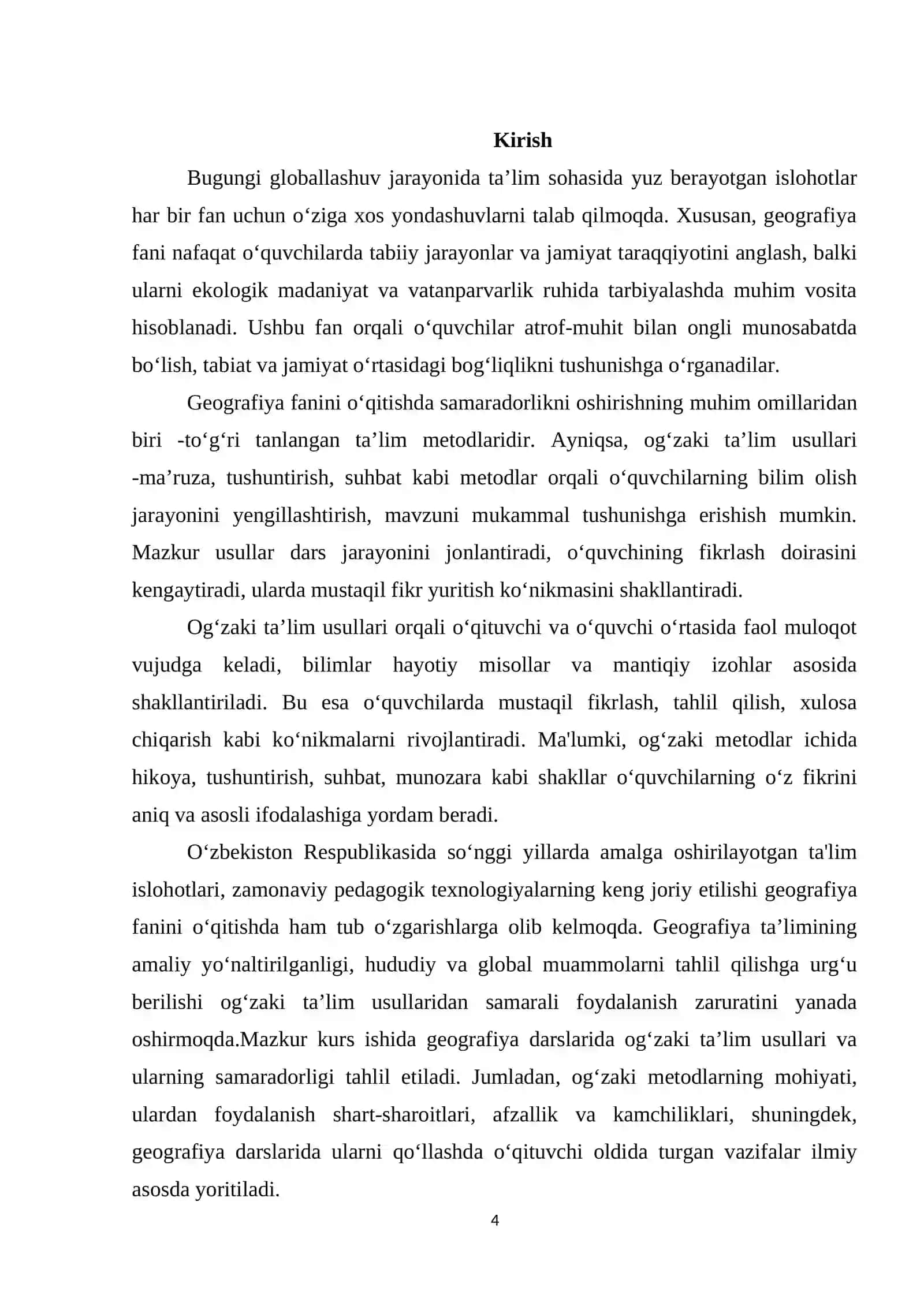 “Geografiya va tabiiy fan (Science) o‘qitish metodikasi” fani bo`yicha 4
