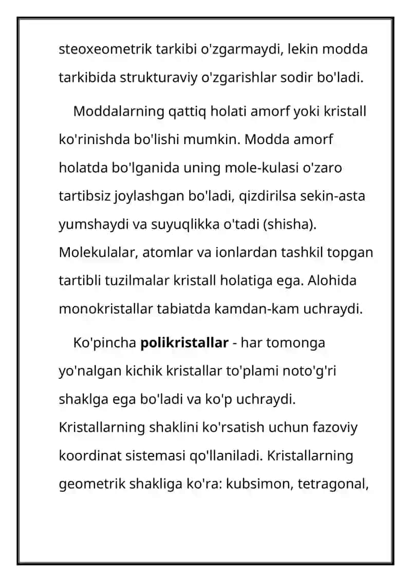 Modda tuzilishi(qattiq, suyuq, gaz, va plazma holatlar) Elementar zarralar(Amorf va kristalll moddalar, Suyuq kristallar) 4