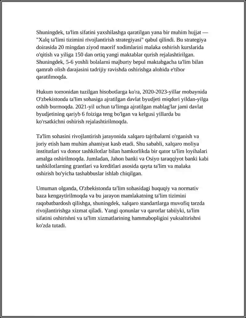 MUSTAQILLIK YILLARIDA OZBEKISTON RESPUBLIKASIDA TA'LIM SOHASIDA AMALGA OSHIRILGAN ÕZGARISHLAR 4