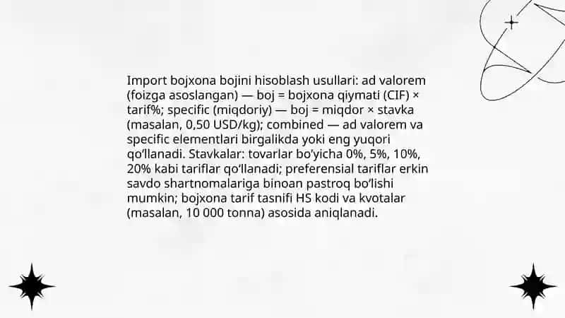 Bojxona to‘lovlari: turlari, stavkalari va hisob-kitob tartibi 4