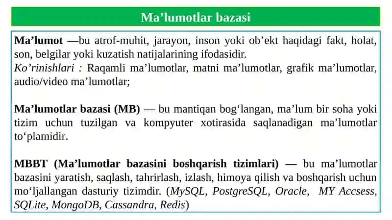 Ma’lumotlar modellari va ma’lumotlar bazasi modellari 4