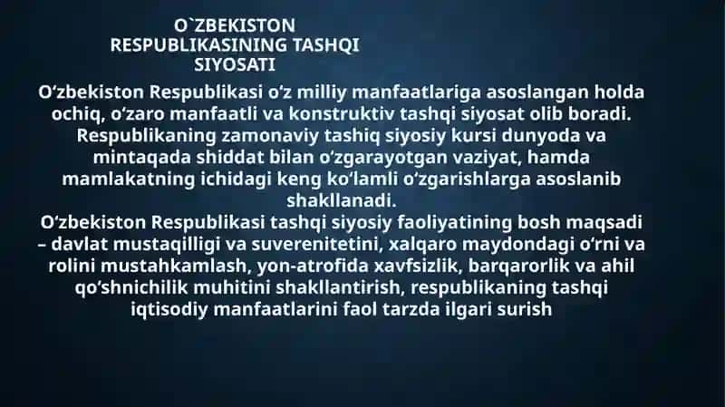 O`zbekiston Respublikasining tashqi siyosatining muhim yo`nalishlari 4