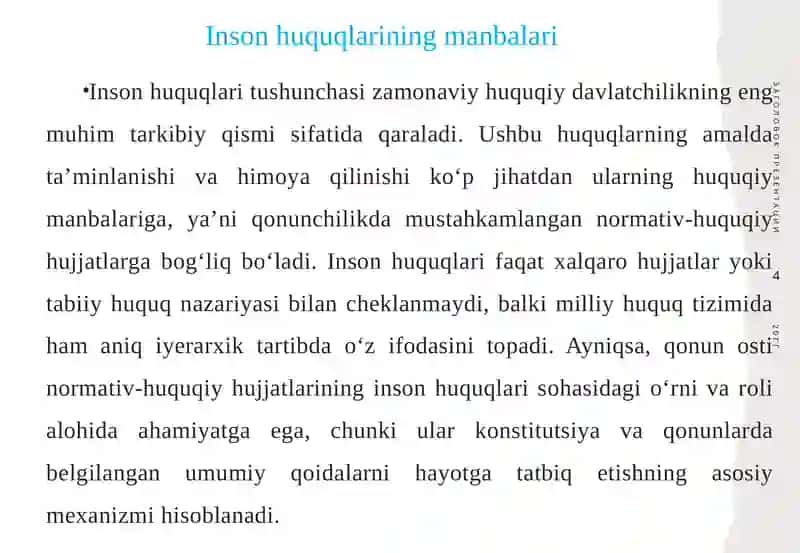 Inson huquqlarining manbasi sifatida qonun ostoni normativ hujjatlari 4